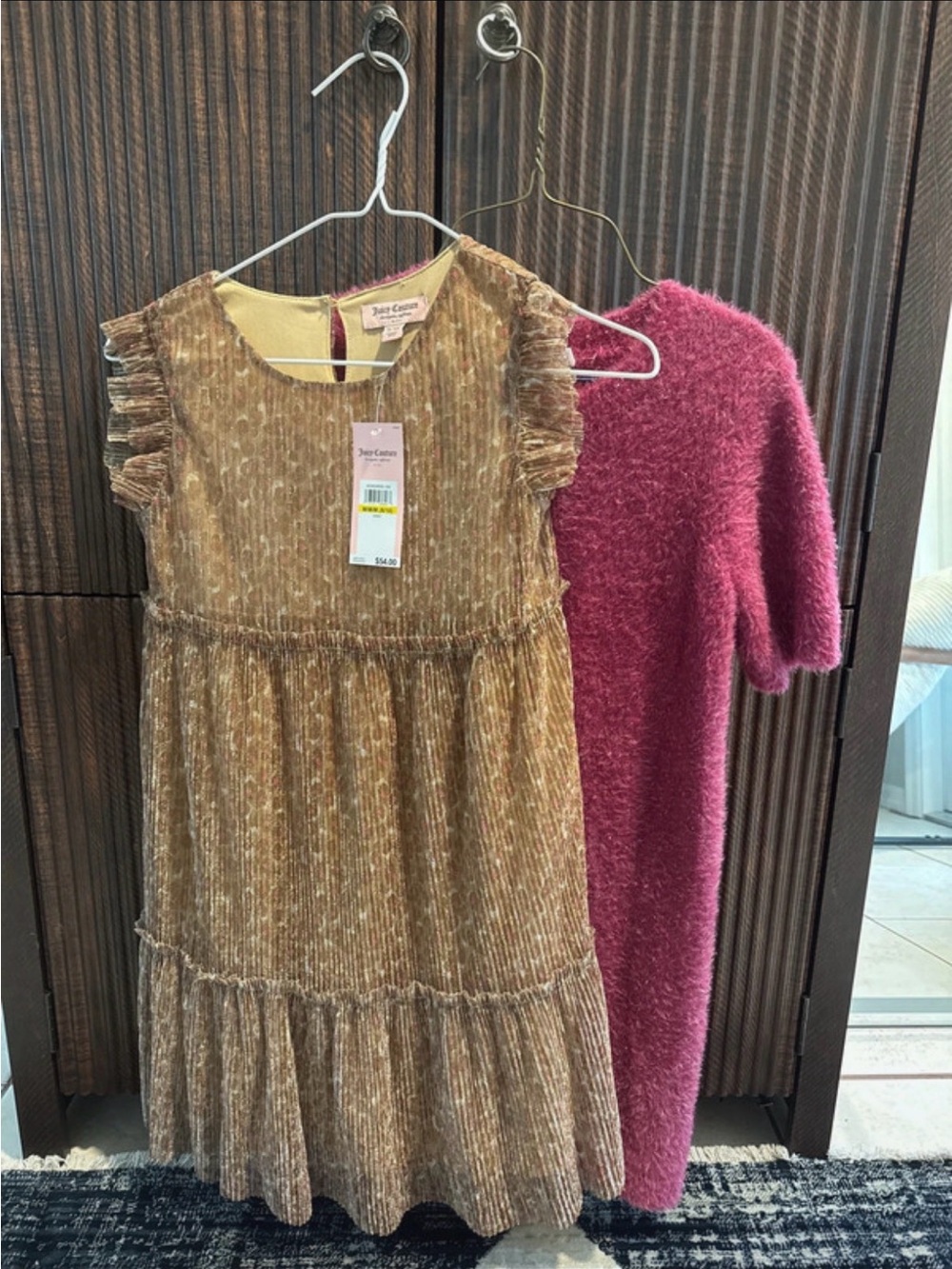 Juicy Couture Gold Crinkle Ruffle Dress with Pink Fuzzy Overlay